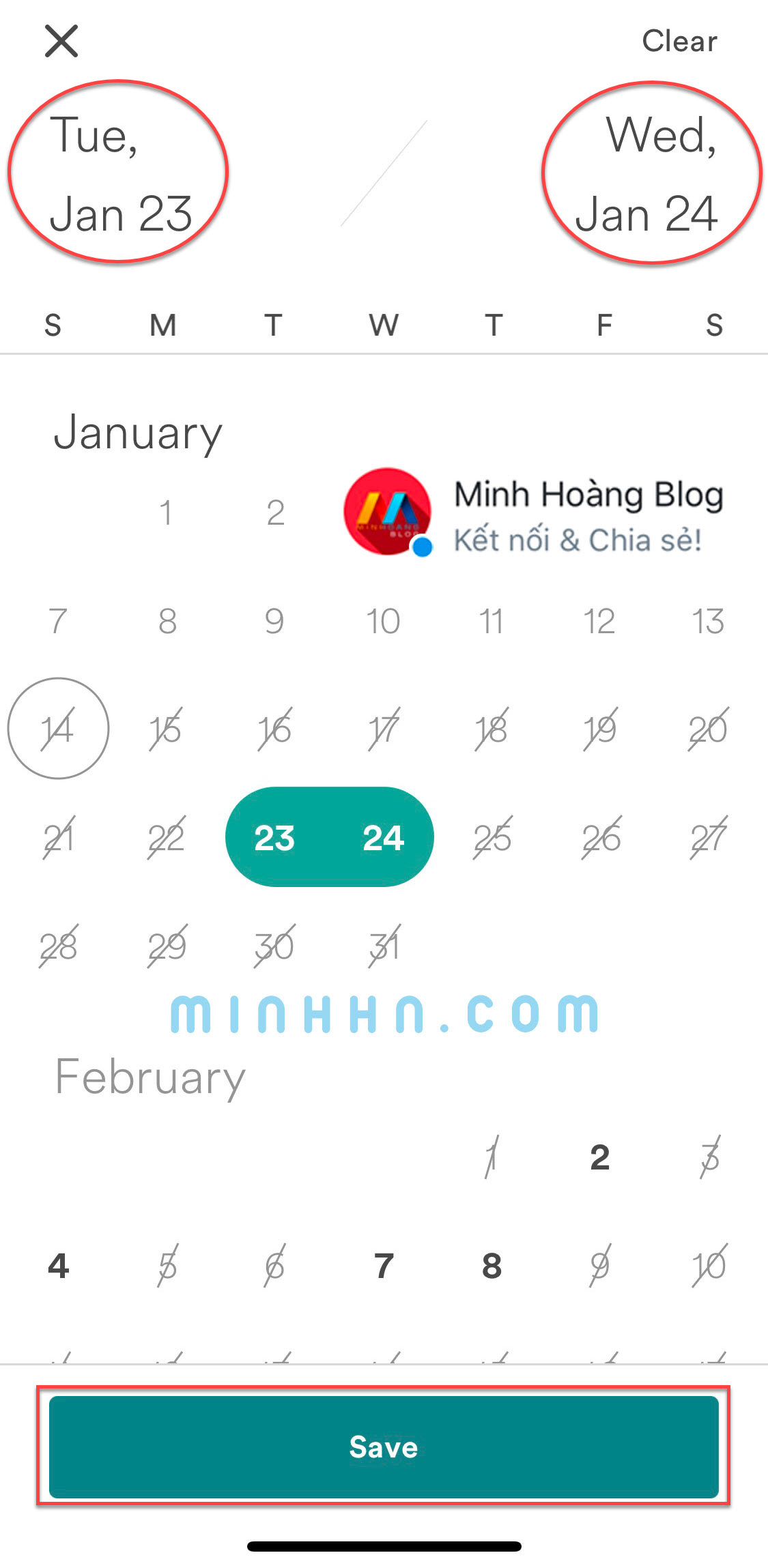 Chọn ngày check in, check out