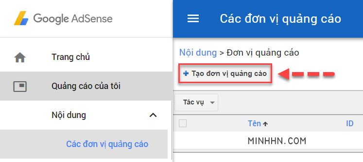 Quảng cáo của tôi > Tạo đơn vị quảng cáo