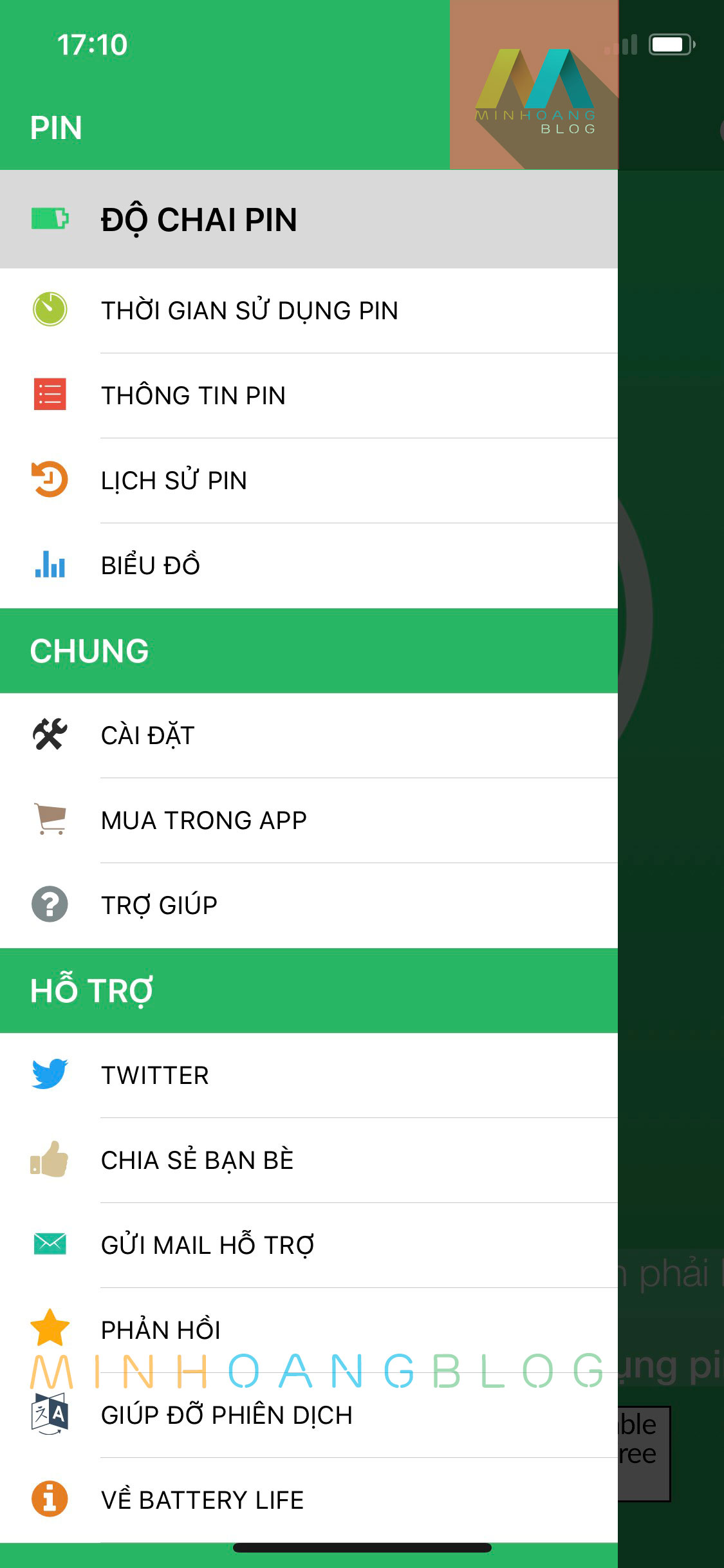 Menu của ứng dụng