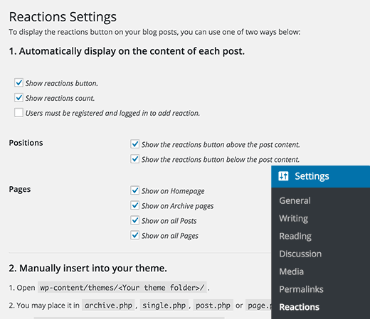 Reactions Settings