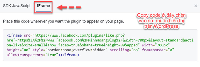 Chọn tab iframe, code code nut like, share facebook