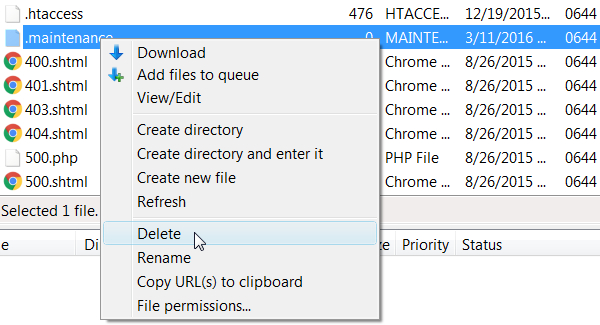 How to Delete the .maintenance File Using FileZilla