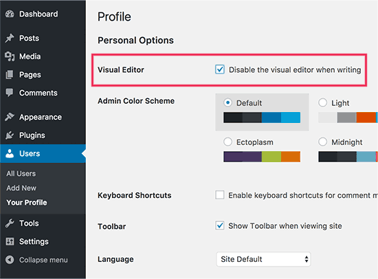 Disable Visual Editor WordPress