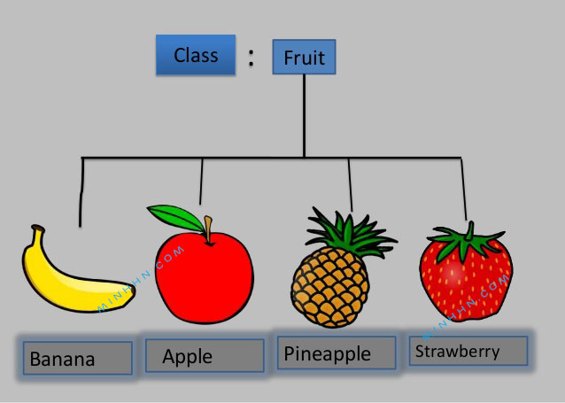 Từ class Trái cây, sẽ tạo ra được nhiều đối tượng có cùng bản chất là Banana, Apple, Pineapple, Strawberry