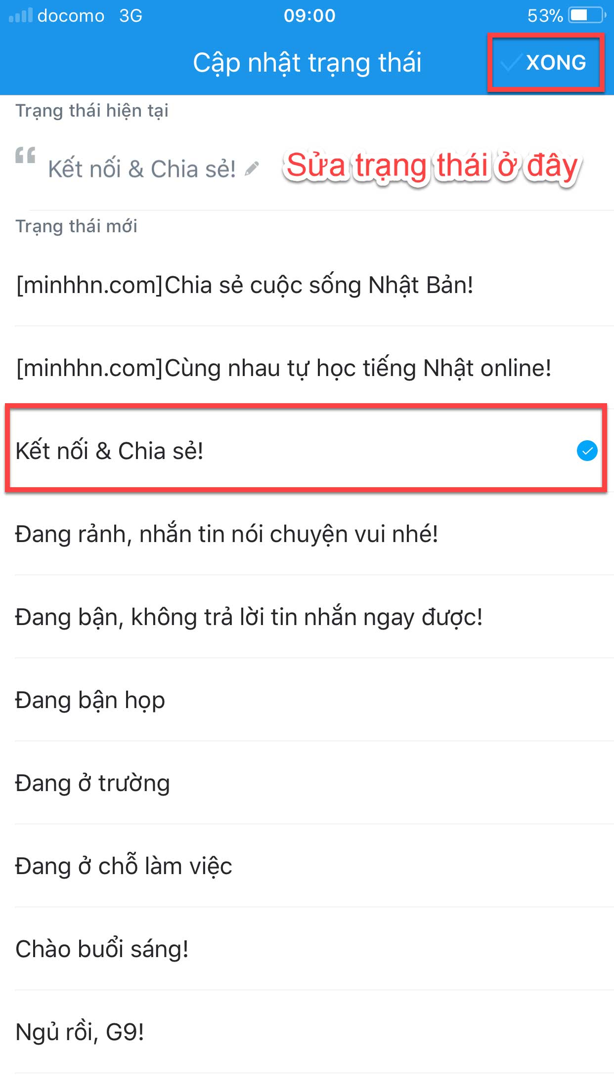 Tùy chỉnh trạng thái sẽ hiển thị