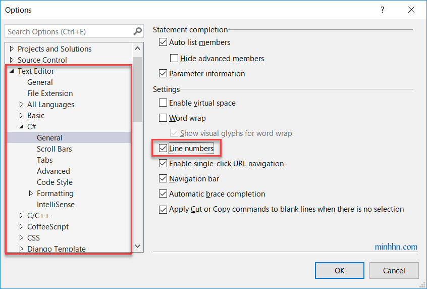 Cách setting hiển thị line number