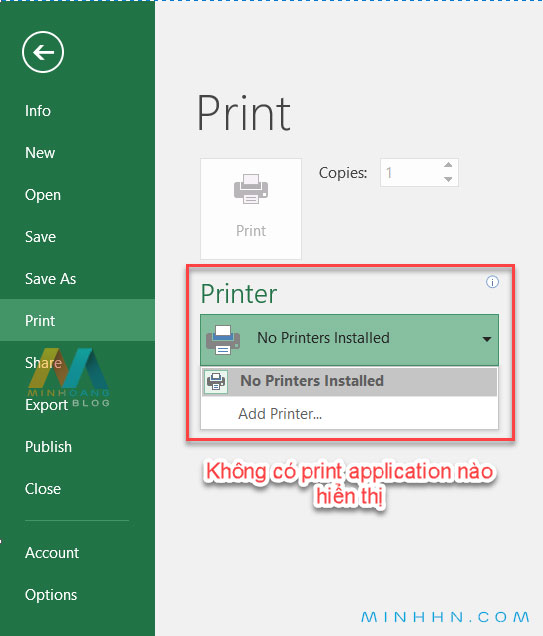 Printer: Không có trình in nào để chọn.