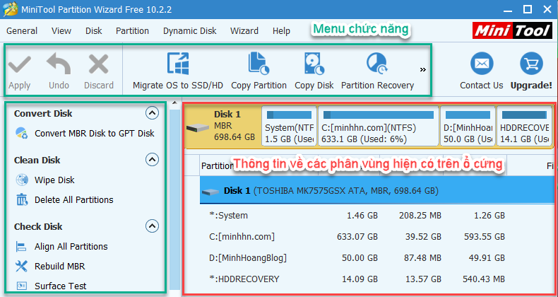 Giao diện phần mềm MiniTool Partition Wizard