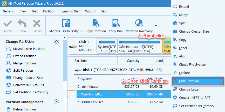 MiniTool Partition Wizard Hide Partition