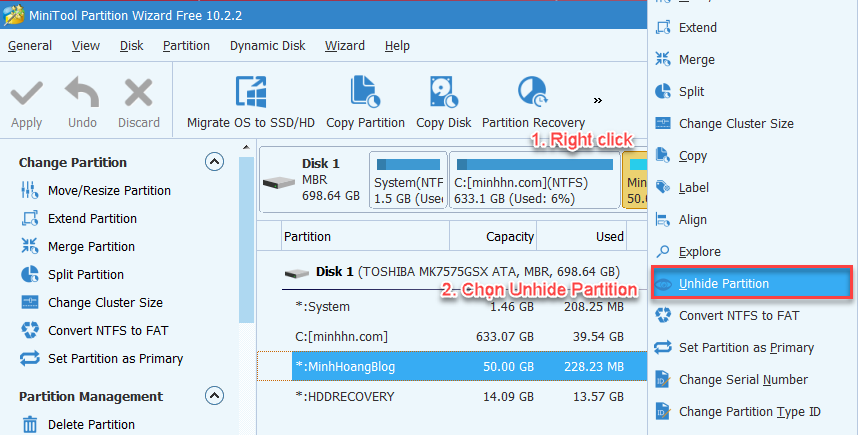 MiniTool Partition Wizard Unhide Partition