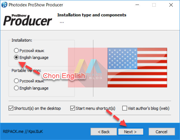 Chọn English, rồi click Next