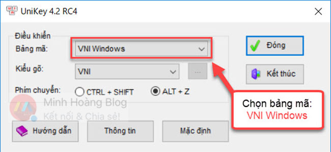 Mở phần mềm Unikey chọn bảng mã VNI Windows