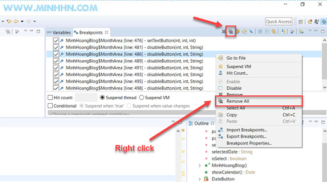 Click icon remove all breakpoint in eclipse ide